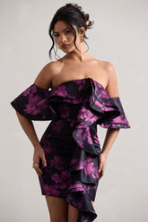 Black Floral Print Bardot Mini Dress With Ruffles